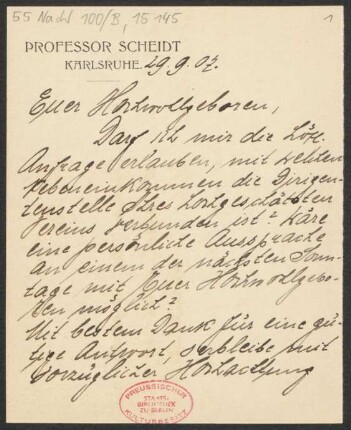 Brief an Ludwig Strecker <senior> und B. Schott's Söhne, Mainzer Liedertafel : 29.09.1907
