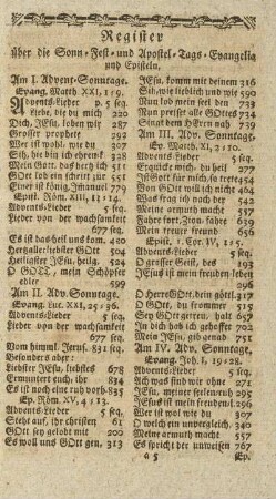 Register über die Sonn- Fest- und Apostel-Tags-Evangelia und Episteln