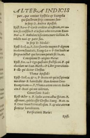 Altera Indicis pars, quae continet Epistolas et Evangelia quae sanctorum feriis communes sunt.