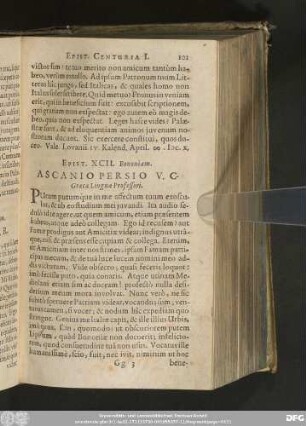 Epist. XCII. Bononiam. Ascanio Persio V. C- Graecae Linguae Professori.