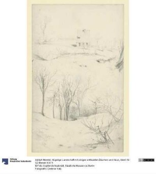 Hügelige Landschaft mit einigen entlaubten Bäumen und Haus