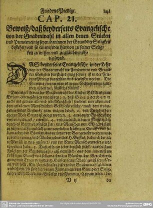 Cap. 21. Beweiß, daß beyderseits Evangelische von der Gnadenwahl in allen denen Stücken vnd Puncten einig seyen
