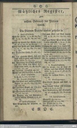 Nützliches Register, zum rechten Gebrauch des Psalters dienlich