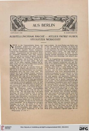 Aus Berlin: Ausstellungssaal Balcke - Atelier Patriz Huber - Steglitzer Werkstatt