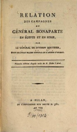 Relation des campagnes du Général Bonaparte en Égypte et en Syrie