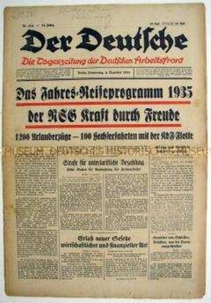 Tageszeitung der Deutschen Arbeitsfront "Der Deutsche" u.a. zum Jahresprogramm der NSG "Kraft durch Freude"