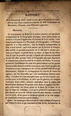 Rapport sur le Concours de 1825 relatif au prix des montagnes de l'Europe