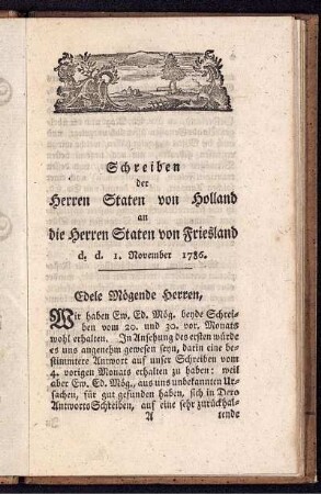 Schreiben der Herren Staten von Holland an die Herren Staten von Friesland d. d. 1. November 1786
