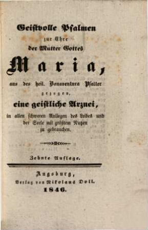 Geistvolle Psalmen zur Ehre der Mutter Gottes Maria, aus d. hl. Bonaventura Psalter gezogen ...