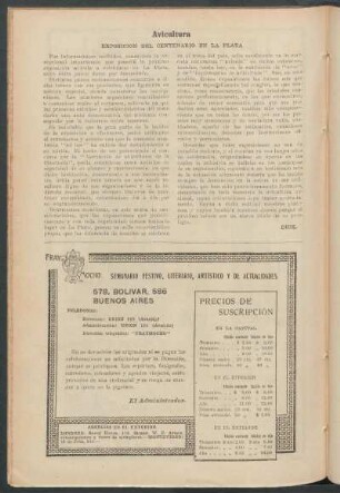 Avicultura : Exposición del centenario en La Plata