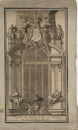 Aufriss des Obergeschosses des Kronentores, Hofseite, im Zwinger zu Dresden, Kupferstich, 1721 : Facade Du Second Étage Du Portail De L'Orangerie Royale / Inventées et designées par M. D. Pöppelmann. Gravée par J. G. Schmidt. - Dresde , [um 1721]. - 1 Aufriss : Kupferstich ; 30 x 53 cm