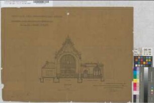 Neubau des Empfangsgebäudes [Bahnhof] Gelsenkirchen: Schnitt durch die Haupthalle, M.~1:100 Hge, Sknr.: 2, Fanr.: 19, Bunr.: 27