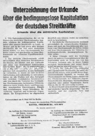 Flugblatt der Alliierten mit dem Wortlaut der Urkunde über die Kapitulation der deutschen Streitkräfte