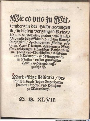 Wie es vns zu Wittemberg in der Stadt gegangen ist in diesem vergangen Krieg