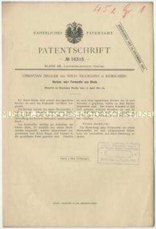 Patentschrift eines Harken- und Forkenöhrs ais Blech, Patent-Nr. 16315
