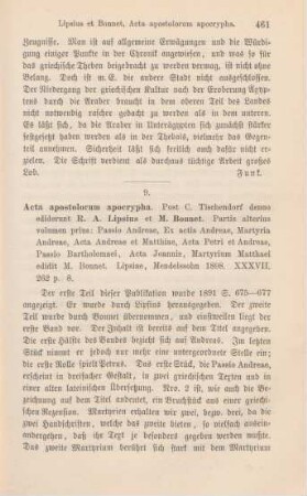 461-462 [Rezension] Passio Andreae, ex actis Andreae, Martyriae Andreae, acta Andreae et Matthiae, Acta Petri et Andreae, passio Bartholomaei, Acta Ioannis, Martyrium Matthaei