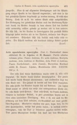 461-462 [Rezension] Passio Andreae, ex actis Andreae, Martyriae Andreae, acta Andreae et Matthiae, Acta Petri et Andreae, passio Bartholomaei, Acta Ioannis, Martyrium Matthaei