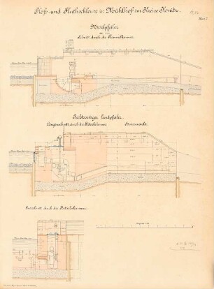 Schleuse, Mühlhof: Mittelpfeiler, Landpfeiler: Ansicht, Schnitte 1:50