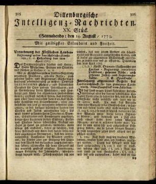 XX. Stück. Sonnabends: den 14. August / 1773.