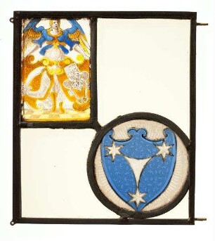 Kompositscheibe mit zwei Wappen: Engel als Wappenhalter mit Schild der Nürnberger Familie Seipel (Seyppel), rechts Türschloss mit 2 Schlüsseln. Rechts unten: Wappen der Geuder von Heroldsberg
