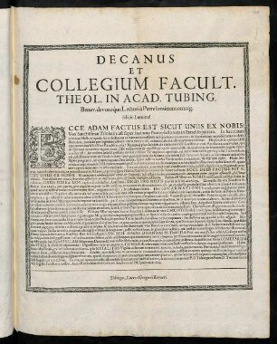 Decanus Et Collegium Facult. Theol. In Acad. Tubing. Benev. devotoq́ue Lectori à Patre luminum omnig. felicit. Lumina!