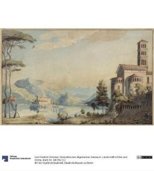Dekoration zum allgemeinen Gebrauch. Landschaft mit See und Kirche