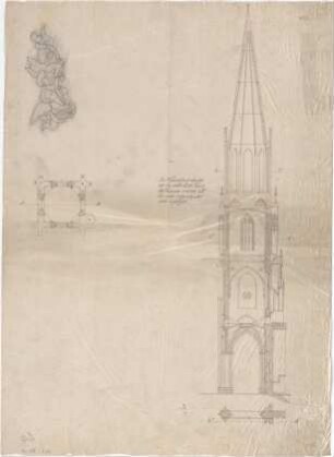 Voit, August von; Kirchturm - Grundriss, Schnitt; Putten (Ansicht)