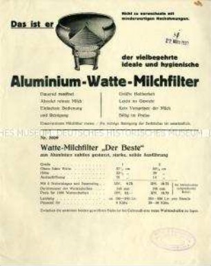 Das ist er / der vielbegehrte ideale und hygienische / Aluminium-Watte-Milchfilter