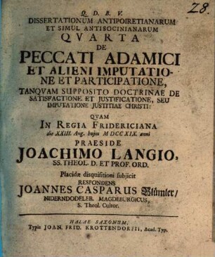 Dissertationum antipoiretianarum dodecas, Diss. IV.. De peccati Adamici et alieni imputatione ...