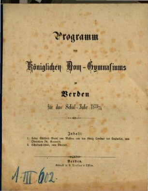 Programm des Königlichen Dom-Gymnasiums zu Verden : für das Schuljahr .... 1873/74