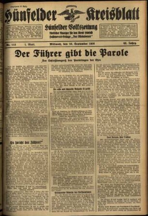Erste Ausgabe vom Mittwoch, den 16. September 1936.