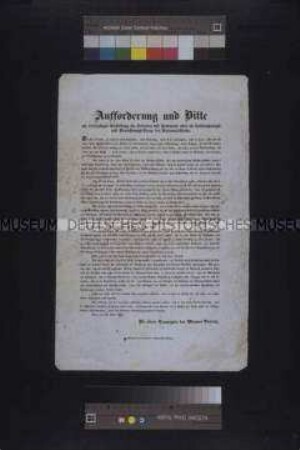 Flugblatt: Aufforderung der 4. Kompagnie des Wimmer Viertels die Debatten zur Uniformierungs- und Bewaffnungsfrage der Nationalgarde zu beenden; Wien, 13. April 1848