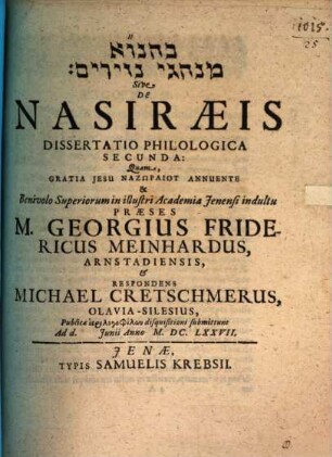 [...] Sive De Nasiraeis Dissertatio Philologica Secunda