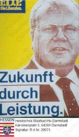 Deutschland (Bundesrepublik), 1987 Januar 15 / Wahlplakat der FDP (Freie Demokratische Partei) zur Bundestagswahl am 15. Januar 1987 / Text mit Porträtfoto von Martin Bangemann (* 1934) auf gelbem Grund