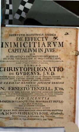 Diss. inaug. iur. de effectu inimicitiarum capitalium in iure