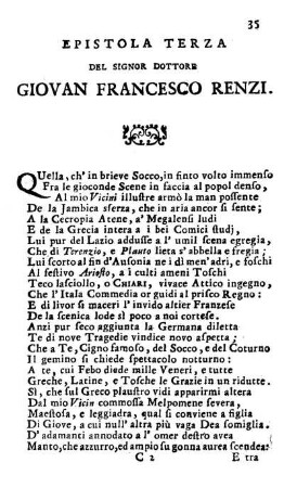 Epistola Terza Del Signor Dottore Giovan Francesco Renzi.