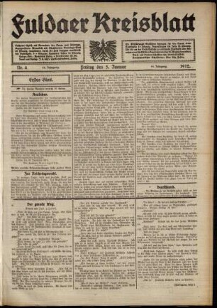 Erste Ausgabe vom Freitag, den 05. Januar 1912.