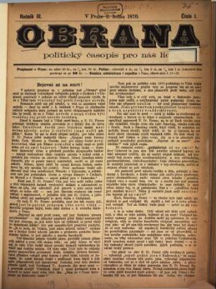 Obrana : politický časopis pro náš lid. 3. 1870