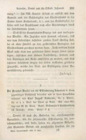 283-290 [Rezension] Auberlen, Carl August, Der Prophet Daniel und die Offenbarung Johannis in ihrem gegenseitigen Verhältniß betrachtet und in ihren Hauptstellen erläutert