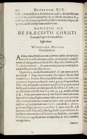 Disputatio XIX. De Praeceptis Christi secundae legis tabulae additis