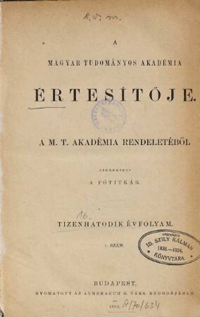 Magyar Académiai értesítő. 16. 1882