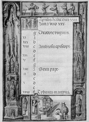Gebetbuch mit Kalendarium — Buchseite mit Monatsbild April, Folio 7verso