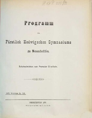 Programm des Königlichen Fürstlich-Hedwigschen Gymnasiums zu Neustettin : für das Schuljahr von Ostern ... bis Ostern ..., 1878/79 (1879)