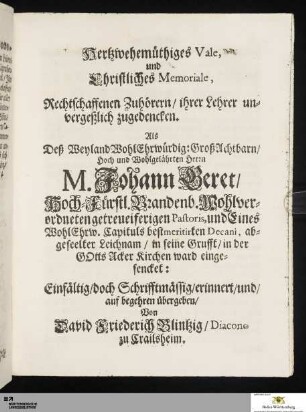 Hertzwehemüthiges Vale, und Christliches Memoriale