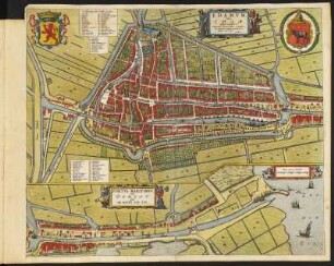 Stadtplan von Edam in den Niederlande, 1 : 2 500, kolorierter Kupferstich, 1650 : Edamum Vulgo Edam : [Stadtpl.] ; Ampliß. Prudentiß. D. D. Praetori, Consulibus, Scabinis, Et Senatui Urbis Edamensis / Tabulam hanc D. D. D. J. Blaeu , [ca. 1:2.500] / [Amsterdam] : [Joan Blaeu], [1650]. - 1 Plan : Kupferst. ; 53,7 x 44,5 cm - Maßstab in graph. Form (Roeden). - Mit 1 Nebenkt.: Portus Maritimus Vulgo Oorgat sÿnde De Haven nae Zee. - Titelkartusche oben, Wappen oben links u. rechts - Mit Gebäudeverz.