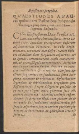 Quaestiones A Paucis quibusdam Pastoribus in Synodo Theologis propositae ...