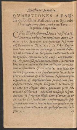 Quaestiones A Paucis quibusdam Pastoribus in Synodo Theologis propositae ...