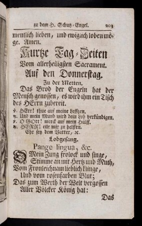 203-229, Kurtze Tag-Zeiten vom zarten Fronleichnam Christi. Litaney vom zarten Fronleichnam Christi. Gebett vom zarten Fronleichnam Christi.