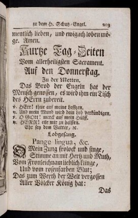 203-229, Kurtze Tag-Zeiten vom zarten Fronleichnam Christi. Litaney vom zarten Fronleichnam Christi. Gebett vom zarten Fronleichnam Christi.