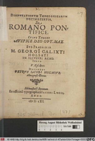 Disputationum Theologicarum Decima-Tertia, De Romano Pontifice